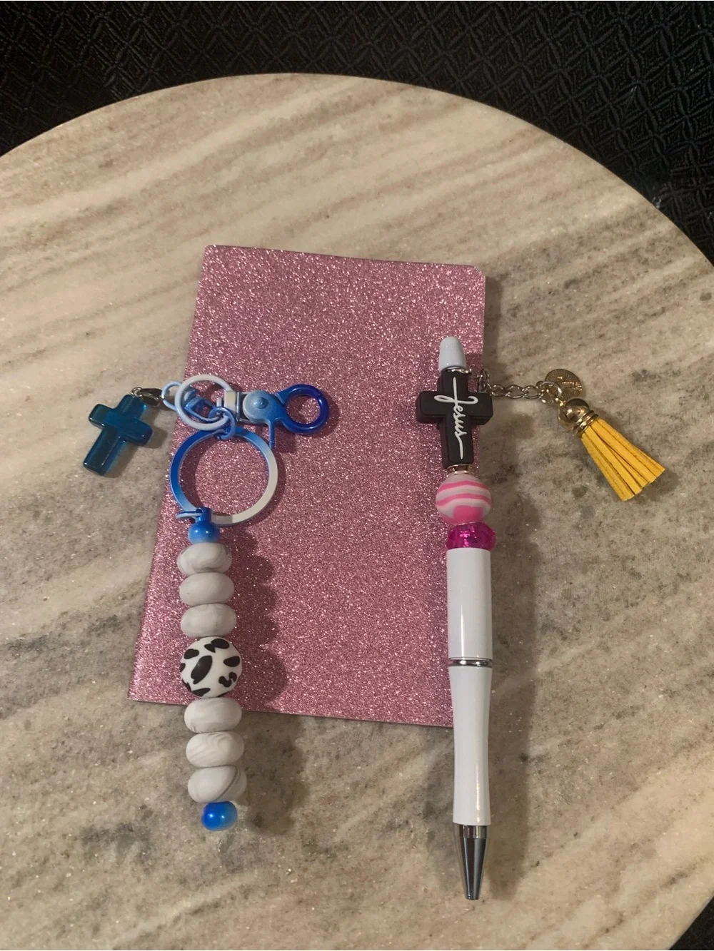Pink Beaded Pen and Keychain Set with Cross Charm